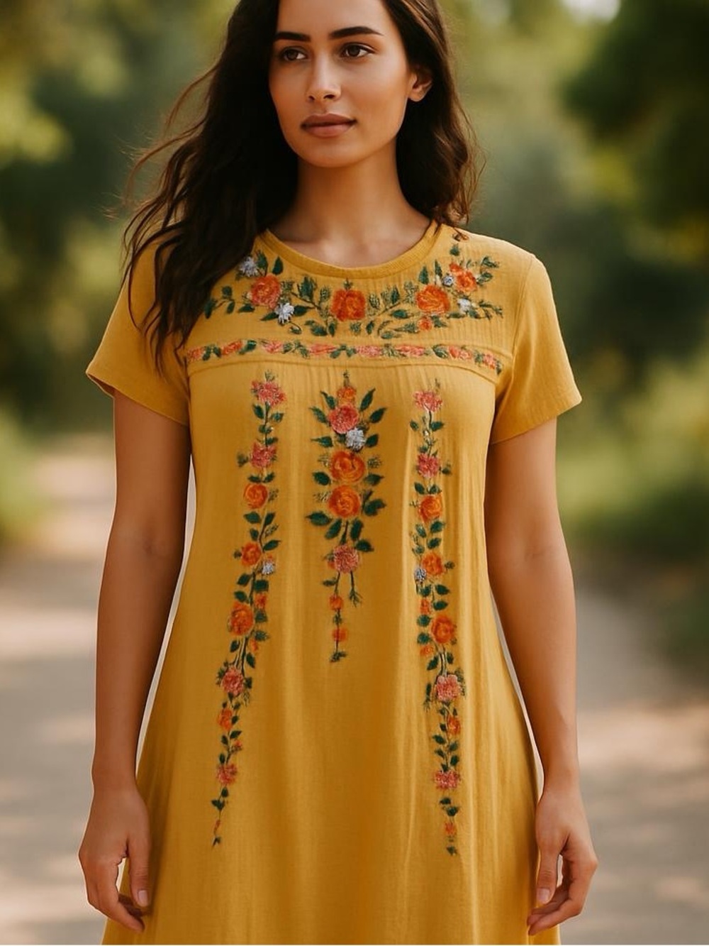 Umgee floral embroidered‎ mustard cotton dress size small